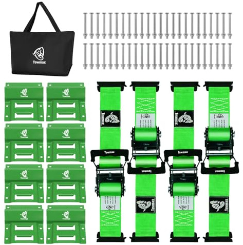 Towmax UTV Wheel Chock Tie-Down Kit - 4,500lb Break Strength Heavy Duty Trailer Tire Straps System - 4Pack 2 x 8' E Track Ratchet Straps for SXS, UTV, ATV, Lawn Mower (Bright Green)