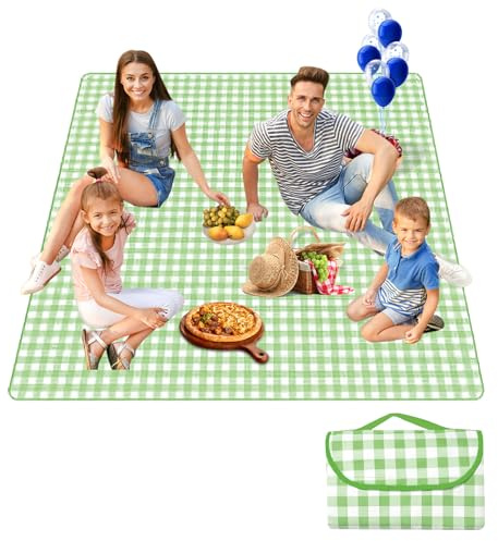 300cm*200cm Coperta picnic impermeabile，Stuoia Campeggio，Portatile Tappetino da Spiaggia Pieghevole,Coperta da Picnic con Manici per Campeggio All'aperto,Viaggi,Parchi，Spiaggia, Prato (verde)