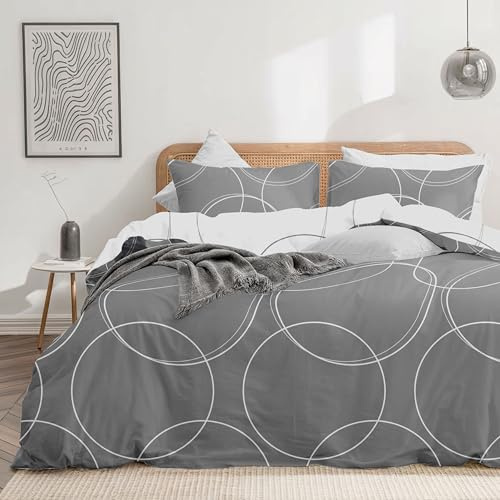 Dreamzie Housse de Couette 220x240 cm avec 2 Taies d'oreiller 65x65 cm, Motif Rond Gris/Blanc, Parure de Lit 220x240 Adulte avec Fermeture Éclair, Linge de Lit 2 Personnes, Oeko TEX