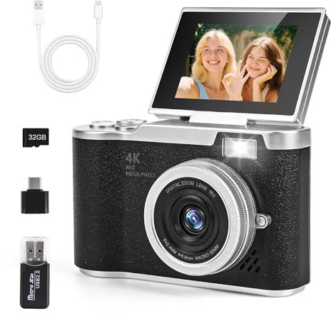 Digitalkamera 1080P Fotokamera 48MP Kamera Fotoapparat Tragbare Kompaktkamera mit 180° Flip 2.4 Bildschirm, 8X Digitalzoom Kompaktkamera, 32GB TF-Karte für Kinder Teenager Student Anfänger (Schwarz)