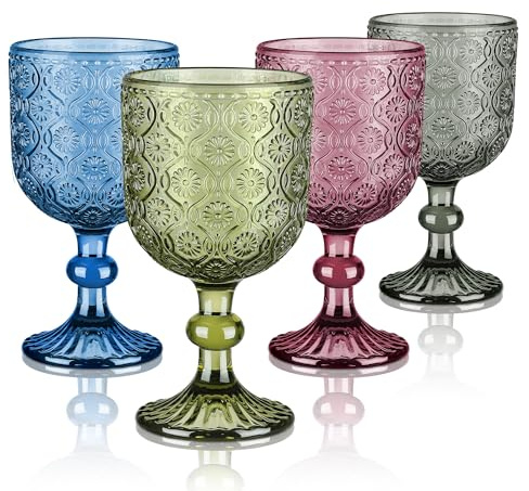 Joeyan Set de 4 Copas de Vino Tinto de Colores, 350ml Vintage Copas con Relieve de Floral, Vasos agua Vidrio Retro con Pie para Fiestas,Bodas,Cenas Diarias o Para Regalar, Apto para lavavajillas