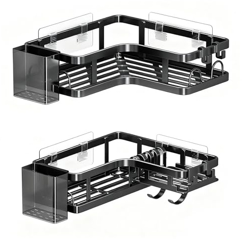 Zimoer 2 Estante de Ducha Esquina Sin Taladro,Organizador de Baño Adhesivo Negro de Acero Inoxidable con 4 Ganchos y 2 Porta Pastas de Dientes, Estante para Ducha y Baño con Máxima Estabilidad