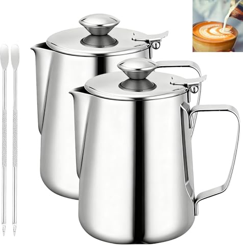 GOMETY 2 bricco per latte in acciaio inox da 350 ml, con coperchio, per latte e caffè, per cappuccino