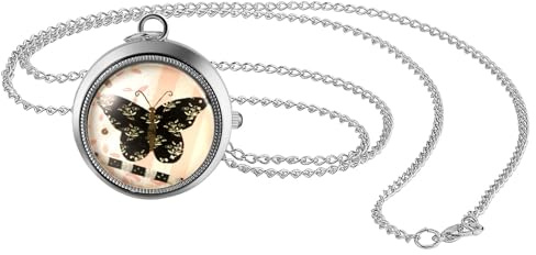 JewelryWe Reloj de Bolsillo Mariposa Mujer: Cuarzo Analógico Caja de Giratorio Escala de Numérica Arábigos con Cadena de 78cm - para Regalo
