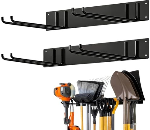 Supporto per attrezzi da giardino in metallo, Organizzatore Attrezzi Giardino Resistente, supporto da parete, portata 150 kg, con 4 ganci doppi e 2 pannelli per attrezzi da giardino in garage, giardin