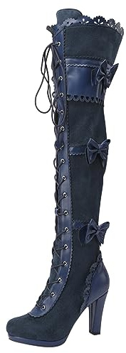 Generisch Botines de mujer Botas de tobillo Botas por encima de la rodilla para mujer, patrón de moda, decoración de lazo simple, dedos redondos, cómodos cordones, zapatos tradicionales negros
