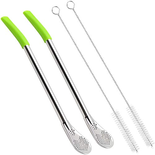 GFDesign Yerba Mate Bombilla Gourd Drinking Filter Straws Soft Heatproof Silicone Tips Food-Grade 18/8 Stainless Steel & Silicone - Set of 2 with 2 Cleaning Brushes - 7 Long