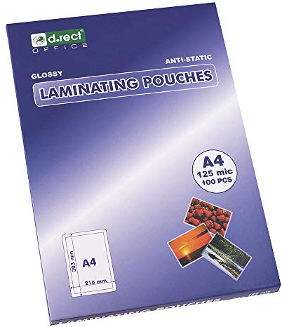 D.RECT Laminierfolien A4 125mic - Dicke 2x125 (250) Heißlaminierfolien Glänzend - Laminierfolie Verpackung 100 Stück, Folierfolien Transparent