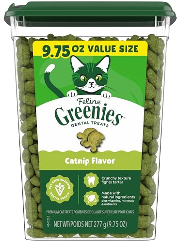 Greenies Cat Treats, Feline Veterinarian-Recommended Adult Natural Dental Treats, Catnip Flavor, 9.75 oz. Tub