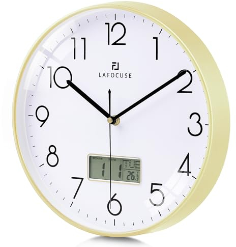 Lafocuse 12 Inch Silent Gold Wall Clock with Date and Day, Temperature, Day of Week, Kitchen Wall Clocks for Living Room Modern, LCD Digital Wall Clock Battery Operated Office Bedroom