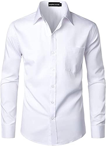 PARKLEES Men's Urban Stylish Casual Business Slim Fit Long Sleeve Button Up Dress Shirt with Pocket White XL