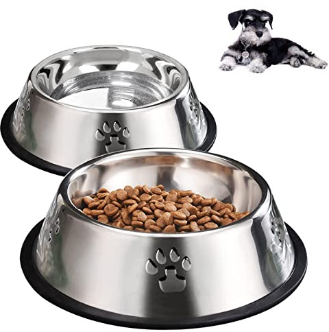 YUDANSI 2PC Paw Prints Stainless Steel Dog Bowls, 560ml Dog Feeding Bowls, Cat Plate Bowls with Rubber Bases, Small, Medium and Large Pet Feeder Bowls and Water Bowls