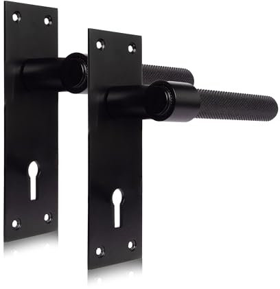 XFORT Onyx Collection, Slimline Backplate Lock Knurled Door Handles, Matt Black (150x60mm) for Internal Wooden Doors