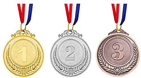 Udewo 3 Pack Metal Medals, Olympic Gold Medal Silver Medal Bronze Medal for Children Metal Sports Day Lockdown Medals with Ribbon for Adults Kids