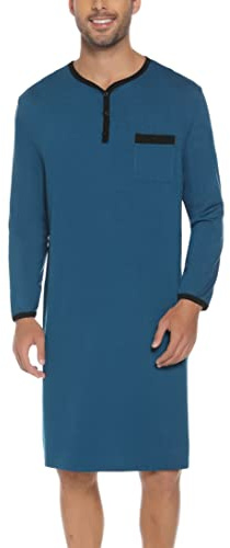 Yukiuiny Maglie Pigiama Uomo Maniche Lunghe Abbigliamento da Notte Cotone Camicie Lunghe per Dormire-A-Blu/XXL
