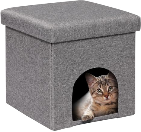 Bonlife Cat Bed,Folding Cat Cave Beds for Indoor Cats,Cat House Winter Pet Kennel,Footstool Seat with Lid,32x32x32cm,Grey