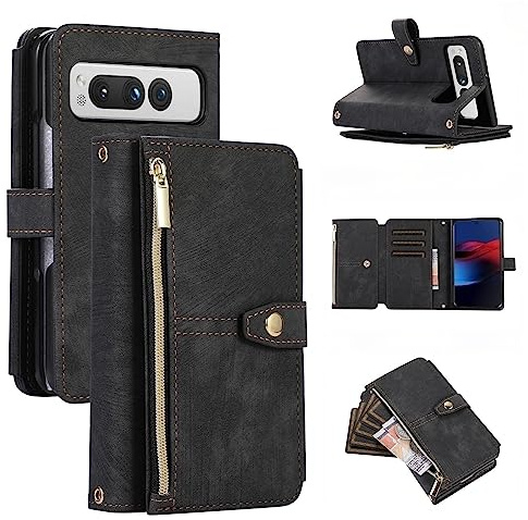 UEEBAI Wallet Case for Google Pixel Fold, Retro 9 Card Holder Slots Zipper Pocket Handbag Case PU Leather Magnetic Closure Kickstand with Wrist Strap TPU Shockproof Flip Case - Vintage Black