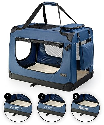 lionto Hundetransportbox faltbar für Reise & Auto, 60x42x44 cm, stabile Transportbox mit Griffen & Decke für Katzen & Hunde bis 12 kg, Hundebox aus Stoff für klein & groß, dunkelblau (Namensaufdruck)