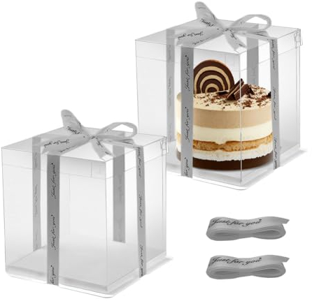 IVEOPPE 2 Stück Tortenbox Tortenkarton Tortenschachtel - 30 x 30 x 25 cm Cake Box mit Sockel und Band, Kuchen Transportbox Kuchentransportbox, Geschenkbox Durchsichtig für Geburtstag Dessert (Grau)