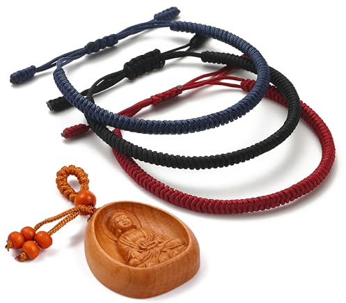 LUCKY BUDDHIST 3 Bracciali Tibetani Buddisti Regolabili – Bracciali in Corda Intrecciata per Uomo e Donna – Include Portachiavi Buddha in Legno