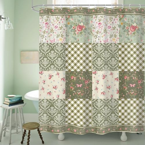 LIGHTINHOME Cute Floral Patchwork Shower Curtain 60Wx72H Inches Vintage Green Pink Checkered Flowers Bohemian Spring Groovy Botanical Fabric Waterproof Polyester Bathroom Home Decor Set with Hooks
