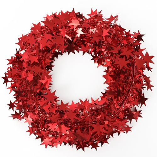 2pz 7,5m Ghirlande con Stelle, Festone Ghirlanda di fili Orpelli, Ghirlande Natalizie per Albero di Natale Camini Scale Decorazioni Addobbi Natale (Rosso)