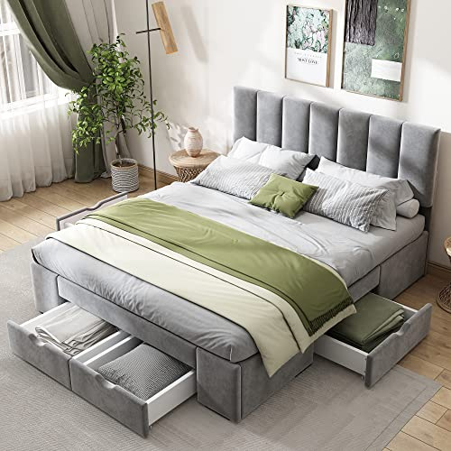 Fppuueg Cama 140x200 con Cabecero Regulable en Altura, Camas Matrimoniales con 4 Cajones y Soporte de Láminas de Madera, Camas Juveniles, Cama Tapizada, Terciopelo, Gris, Sin Colchon