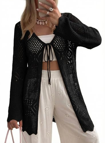 SHEWIN Cardigan Sweaters for Women Tie Front Long Sleeve Summer Cardigans for Women Lightweight Boho Cardigan Sweater Black XX-Large