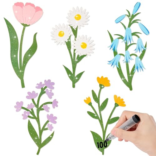 Spring Flowers Paper Cutouts - 100Pcs Glitter Wildflower DIY Paper Cuts for Party Supplies Tulips, Lilacs, Bluebells, and Daisies Flowers Shape DIY Cutout Spring Home School Bulletin Border Wall Decor