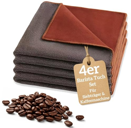 zeostmont Set de Torchons Barista 4 Pièces – Chiffons Microfibre 30×30 cm – Nettoyage Machine à Café & Porte-Filtre – Extra Absorbants pour Espresso & Café