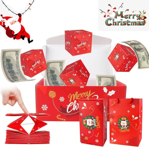 Caja de Regalo Sorpresa Navideña Explosión para Dinero, Caja de Regalo Plegable Sobre Rebote Caja de Lujo de Efectivo Pop-Up con Confeti para Navidad Cumpleaños San Valentín (Rojo)