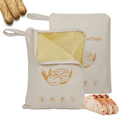 VELAJA Bolsa para Pan con Cera de Abeja, Bolsas Reutilizables de Almacenamiento con Cremallera y Asa, Algodón Natural para Pan Casero y de Masa Madre (Pack de 2, 33x43cm)
