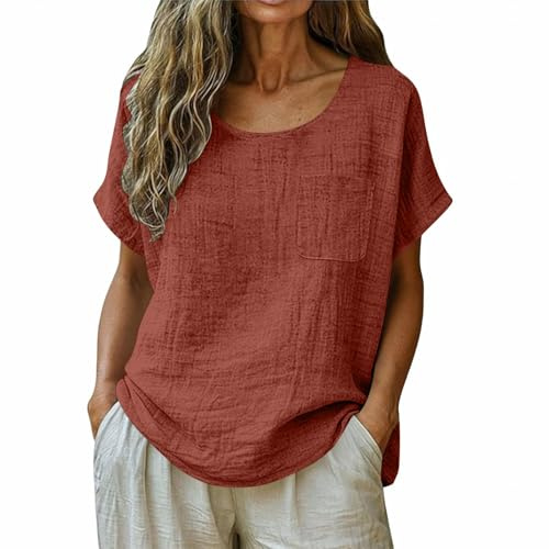 Chemise Femme Lin Manches Courtes, Top Femme Coton Et Lin Léger Tee Shirt Décontractée avec Poche Huats Col Round Blouse Chic Et Élégant Tunique Top Coupe Ample T Shirts Grande Taille