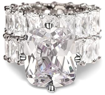 Jeulia Cushion Cut Three Sided Pave Sterling Silver Eternity Ring Cubic Zirconia Art Deco Halo Wedding Engagement Anniversary Rings Set (silver, 7)