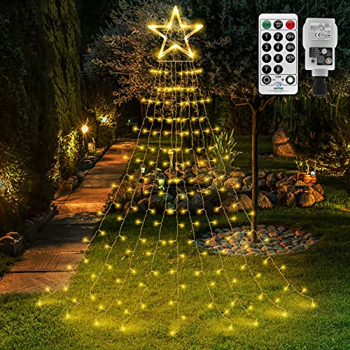 Stjärna ljusgardin, utomhus, ljuskedja med kontakt, fönster, ljusslingor, gardin, 335 LED, 8 belysning, för inomhus, trädgård, träd, dekoration (varmvit)