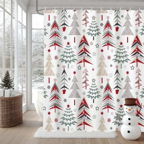 AIBIIN 183x183cm Rideau de Douche Joyeux Noël avec Un Motif de Sapin de Noël et de Flocon de Neige pour Le Nouvel an, Salle de Bains, décoration intérieure, 12 Crochets en Polyester Durable