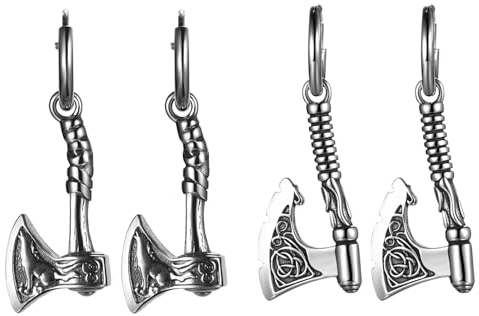 JewelryWe Wikinger Ohrringe Herren Axt: 2 Paar Edelstahl Creolen Ohrstecker Mjölnir Ohrhänger mit Vintage Keltischen Knoten Wolf Amulett Wikinger Axt Anhänger Hängende Ohrringe für Mann Freund Silber