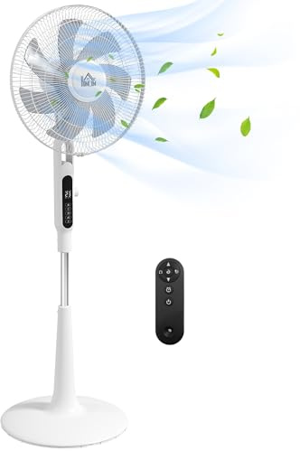 HOMCOM Ventilateur de Sol avec télécommande Ventilateur de Pied Silencieux 40 W avec 7 pales 28 Vitesses Hauteur réglable 75° Minuterie d'oscillation et Fonction Anti-Moustique Blanc