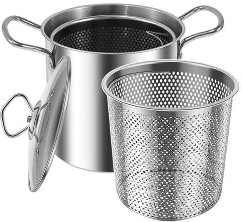 Friteuse avec panier passoire et poignée en acier inoxydable, Friteuse d'extérieur de qualité alimentaire avec couvercle - Marmite multifonctionnelle portable