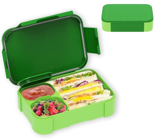 XJIANFU Brotdose Kinder mit Fächern,900ml Auslaufsichere Bento-Box, Kinder-Lunchbox,Auslaufsicher Fächern,Jausenbox Brotbox für,Mädchen & Jungen,Mikrowelle/spülmaschinenfest (Green)