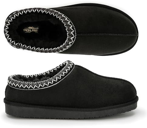 Polar Women’s Faux Suede Shearling Lined Slippers - Warm Memory Foam Indoor Outdoor Slip-On House Shoes with Aztec Trim - Non-Slip Sole for Winter Cosy Comfort - Black - UK 5
