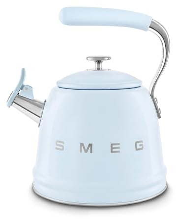 Smeg, Bouilloire Sifflante WKF01PB, en Acier Inoxydable, Capacité 2,3 L, Couvercle Amovible et Bec Doseur, Compatible avec Induction, Bleu Azur