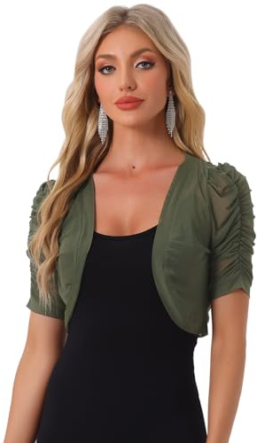 Allegra K Mujer Bolero Informal de Manga Corta de Malla Cárdigan Recortado | Parte delantera abierta, manga abombada, cubierta para vestido