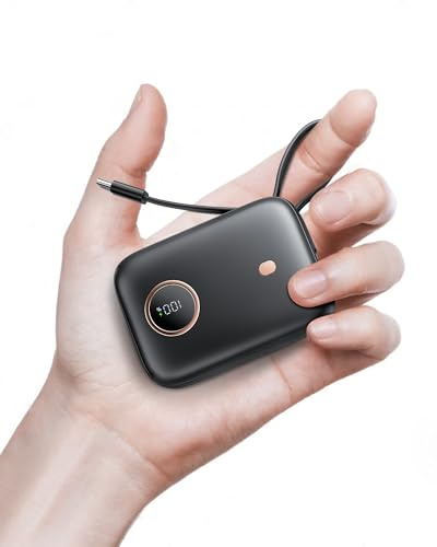 Power Bank 10000mAh 22.5W, Mini Caricatore Portatile con Ricarica Rapida, Batteria Portatile con Display LED e Cavo USB-C Integrato, Powerbank USB-C Compatibile con iPhone 15/16 Android Altri, Nero