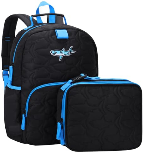 Chase Chic Zaino Bambina Bambino, 3-7 Anni Zainetto Scuola Elementare Ragazza Ragazzo con Borsa Porta Pranzo Set Leggero Zaino Asilo Bimba per Gita Elementari Scolastica, Squalo Nero