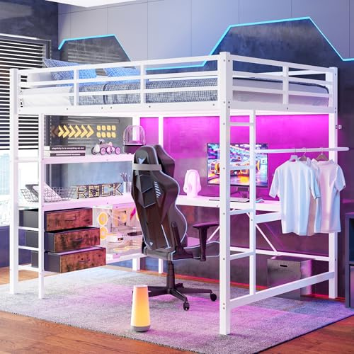 Wyibwy Cama Alta 140x200 cm con iluminación LED, Enchufe + USB, litera Doble de Metal 140x200 con Escritorio y 3 cajones, Cama con estantes, barandilla, escaleras, sin colchón，Blanco