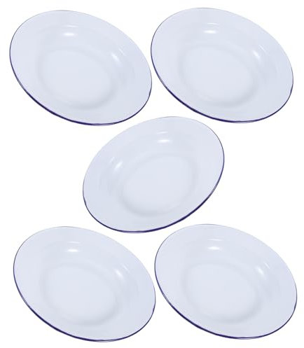 Cabilock Lot De 5 Assiettes Rondes Vintage En Émail, Blanches Avec Bord Bleu, Idéales Pour Les Fondues, Les Collations Et Le Service. Et Empilables, Idéales Pour La Maison Et Le