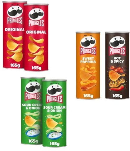 Pringles Party-Mix (6 x 165 g) – Pringles Original, Sour Cream & Onion, Hot & Spicy, Sweet Paprika – der unwiderstehliche Snack-Klassiker in der praktischen Dose – Pop. Play. Eat.