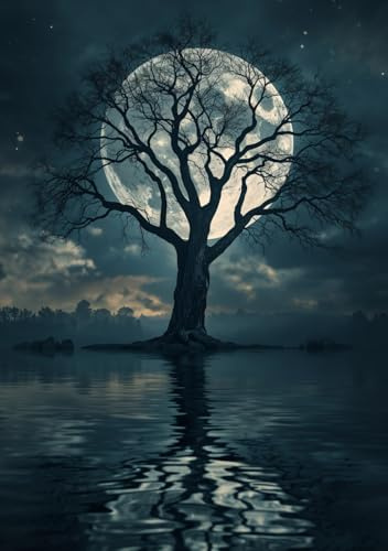Tree & Moon Anteckningsbok: A5, Mjukt Omslag, 240 Linjerade Sidor, Glansig