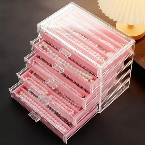 Caja de almacenamiento para collares Jinavoty, caja organizadora de collares de acrílico con bandeja de terciopelo, estuche expositor a prueba de polvo para collares para mujeres y niñas (Rosa, 5